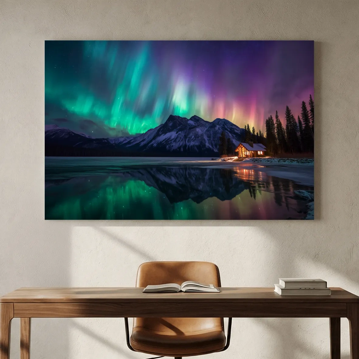 Vibrant Northern Lights Over Mountain Lake Cabin - Aurora Borealis Landscape Wall Art