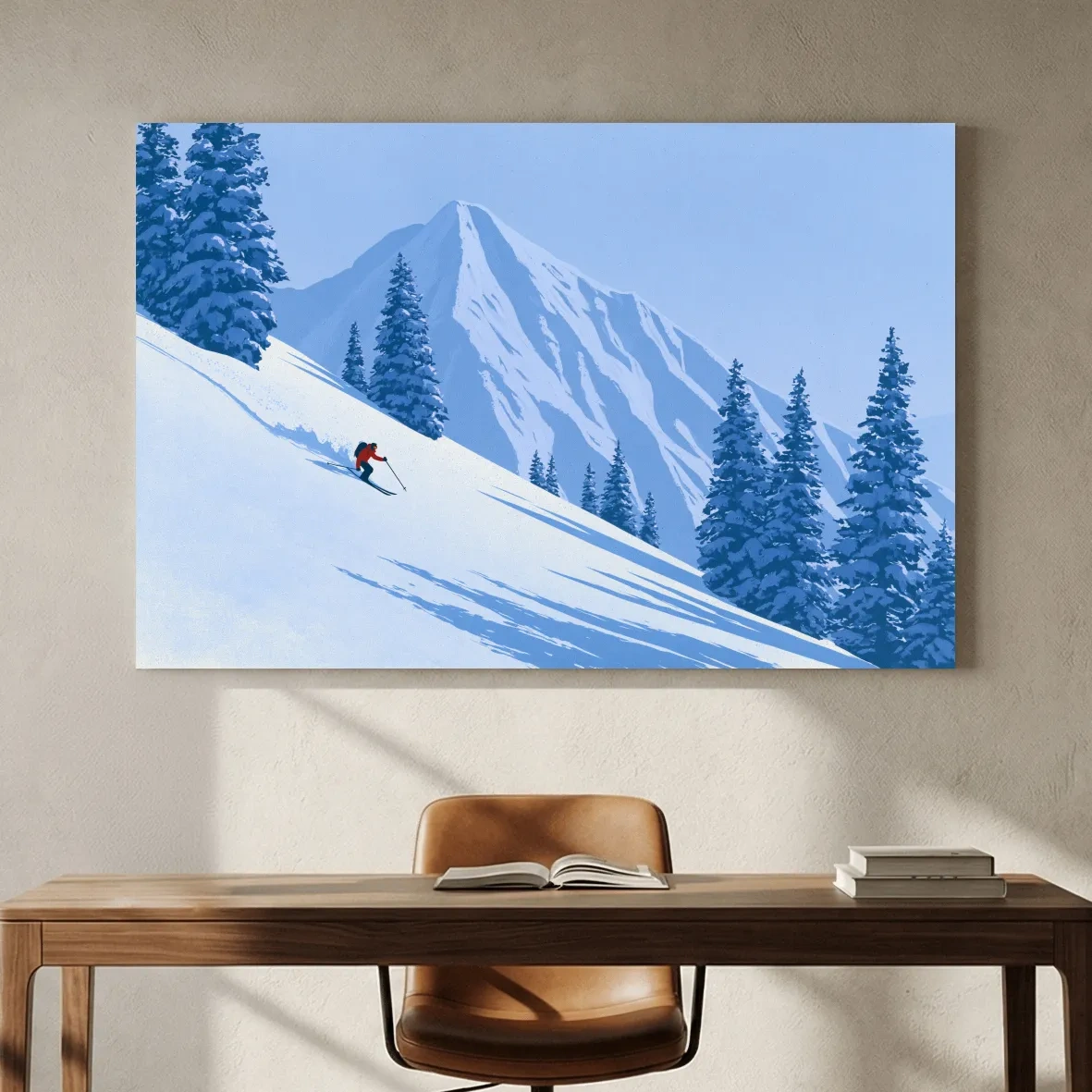 Minimalist Snowy Mountain Skier Landscape - Winter Alpine Illustration Wall Art