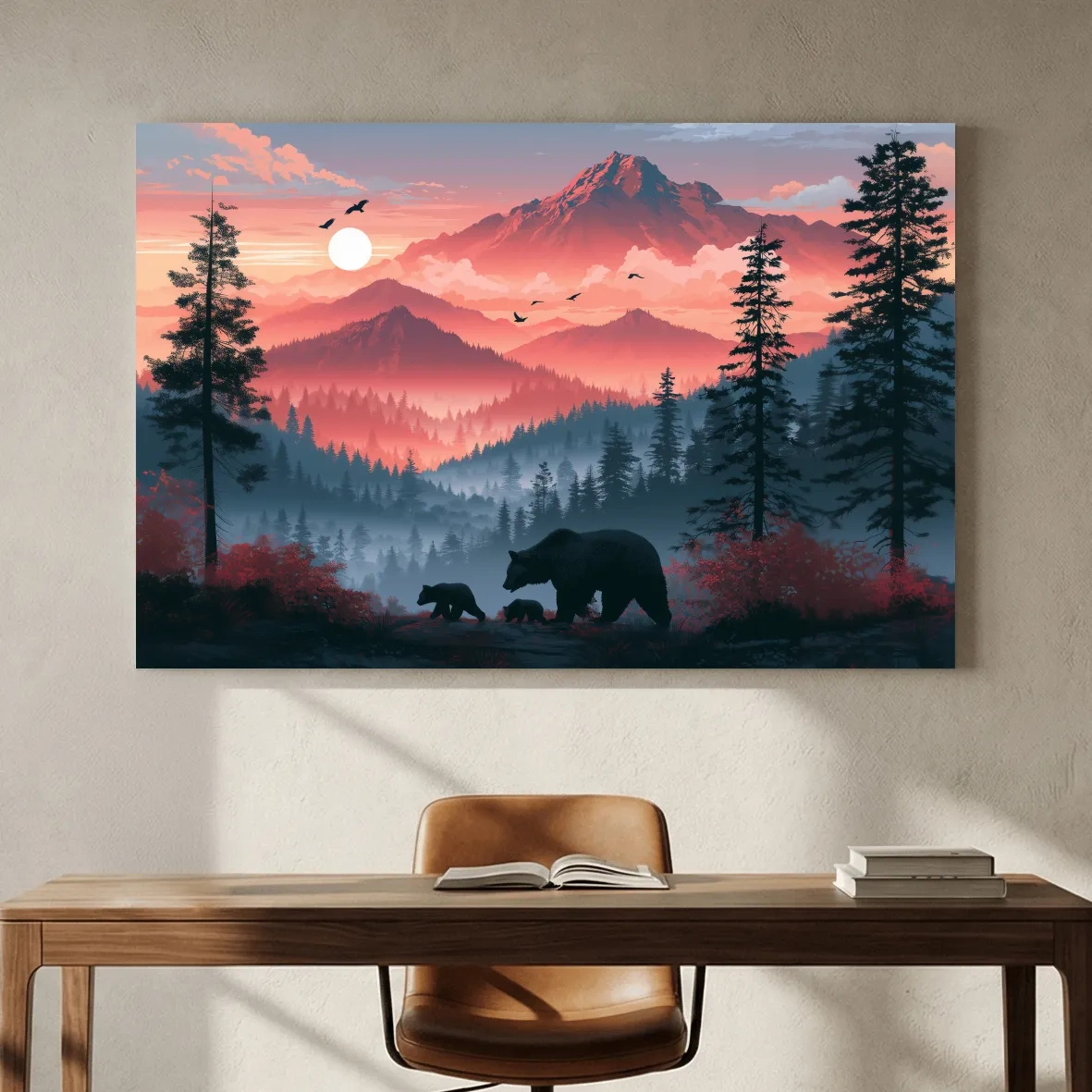 Sunset Mama Bear & Cubs Silhouette - Forest Wildlife Wall Art