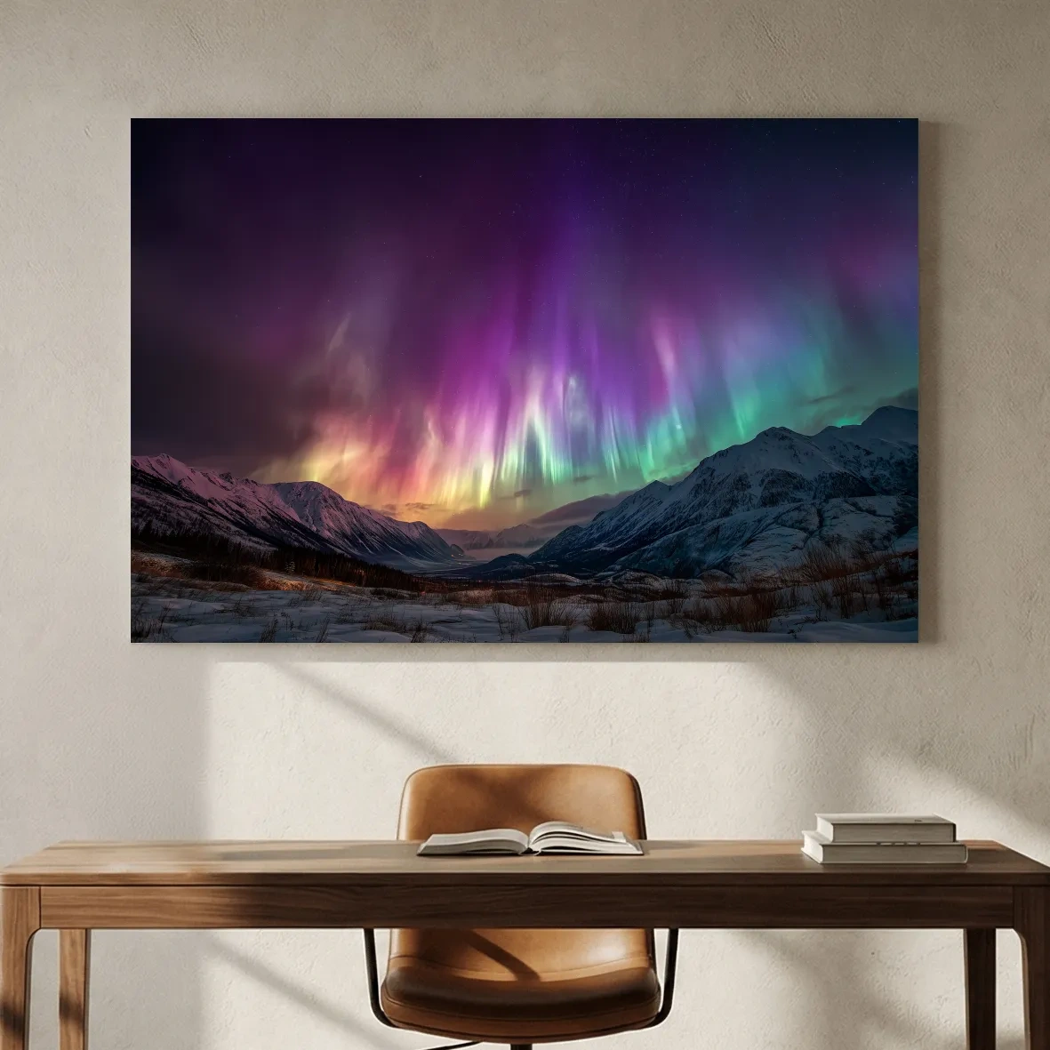 Vibrant Aurora Borealis Over Snowy Mountains - Northern Lights Night Sky Wall Art