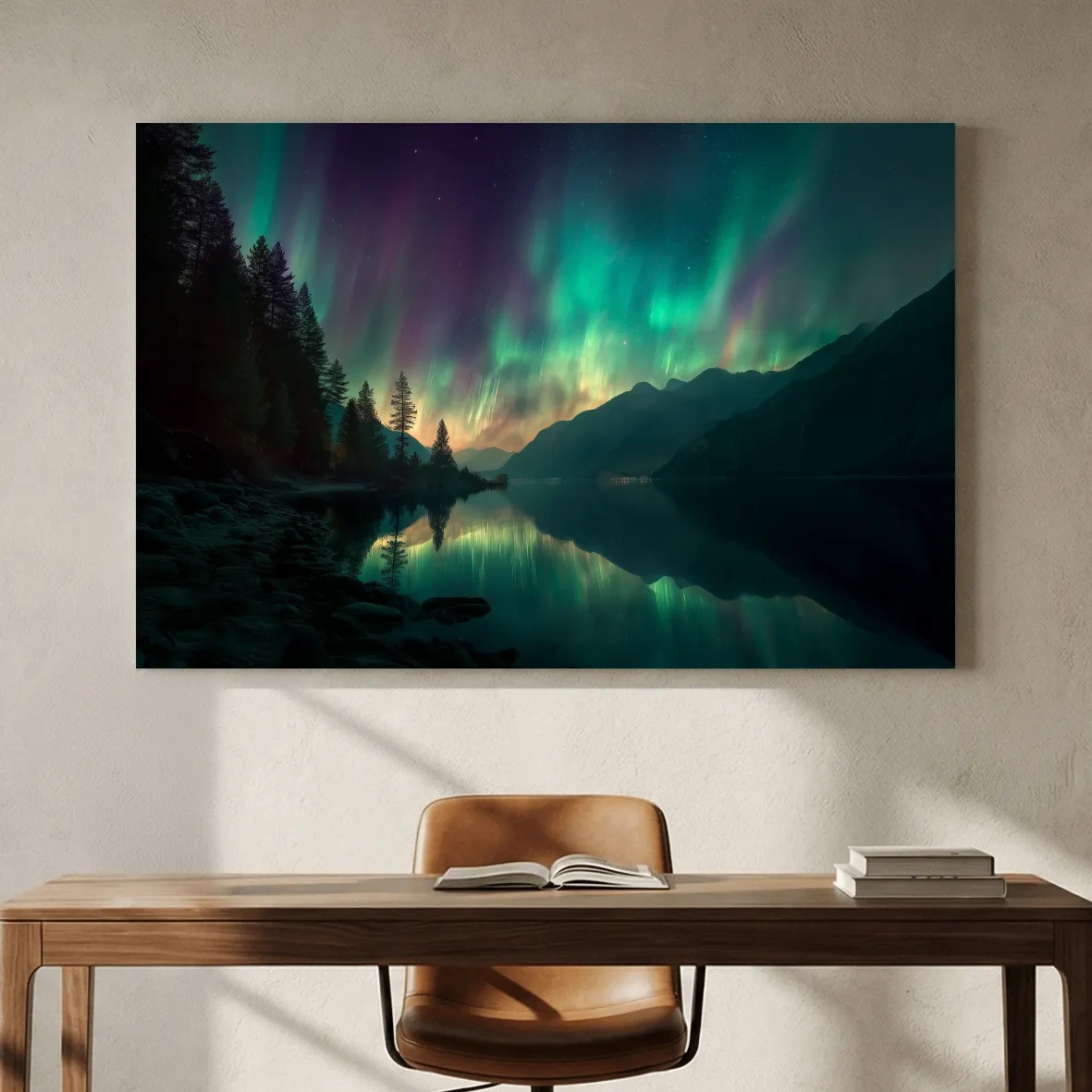 Vibrant Northern Lights Lake Reflection - Aurora Borealis Mountain Wall Art