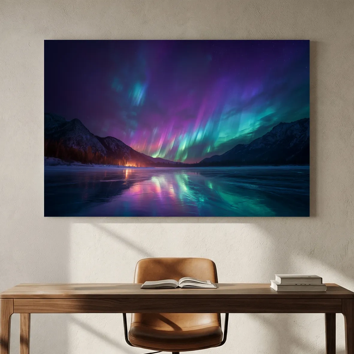 Vibrant Aurora Borealis Over Frozen Lake - Northern Lights Mountain Wall Art