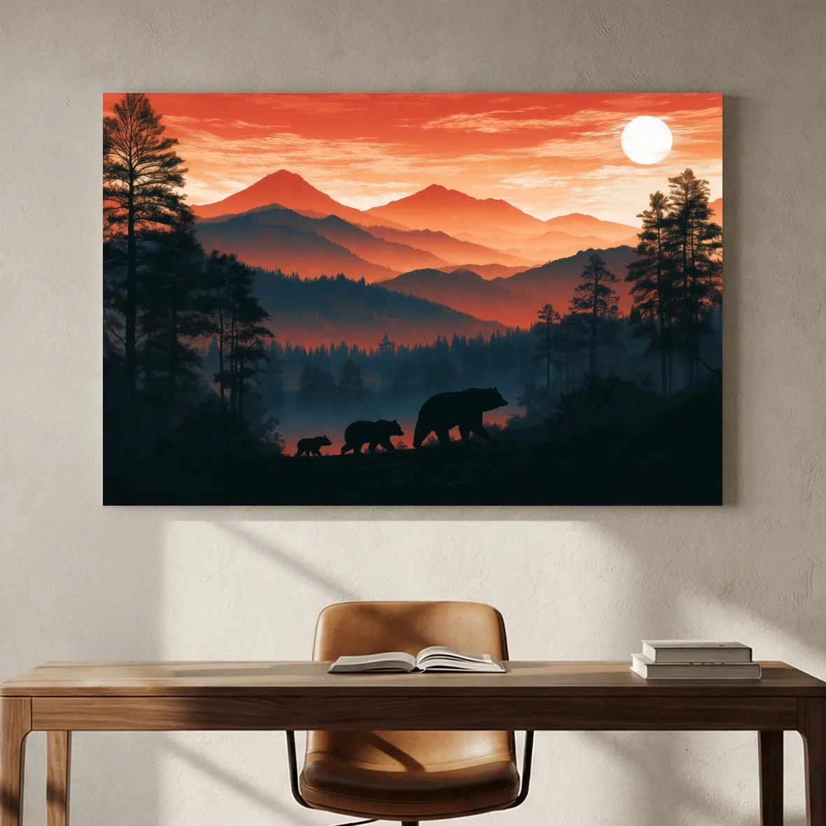 Mountain Sunset Bear Family Silhouettes - Wilderness Landscape Artwork