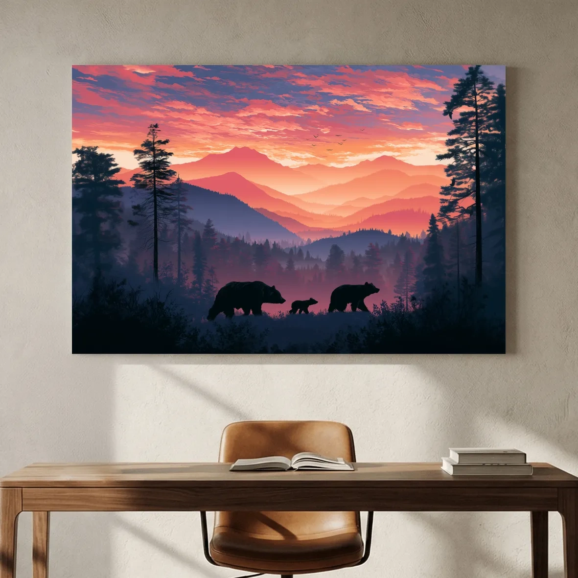 Moody Sunset Mountain Bear Family Silhouettes - Wildlife Wall Art