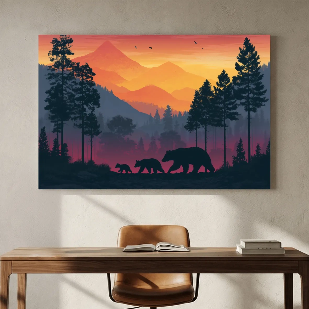 Sunset Momma Bear & Cubs Silhouette - Forest Wildlife Wall Art