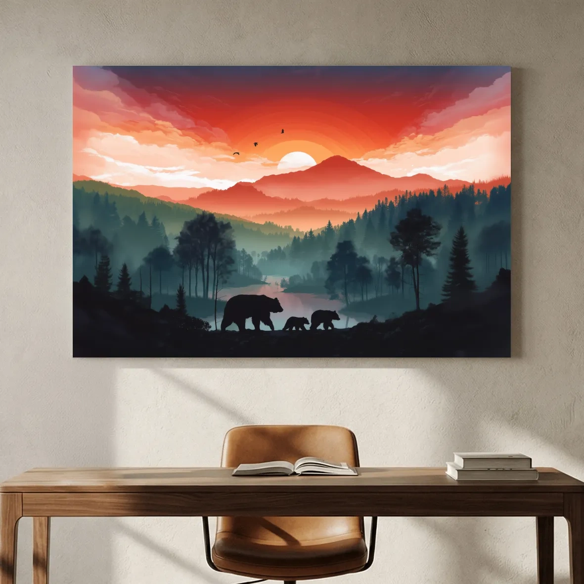 Sunset Bear Family Silhouette Landscape - Misty Mountain Forest Wall Art