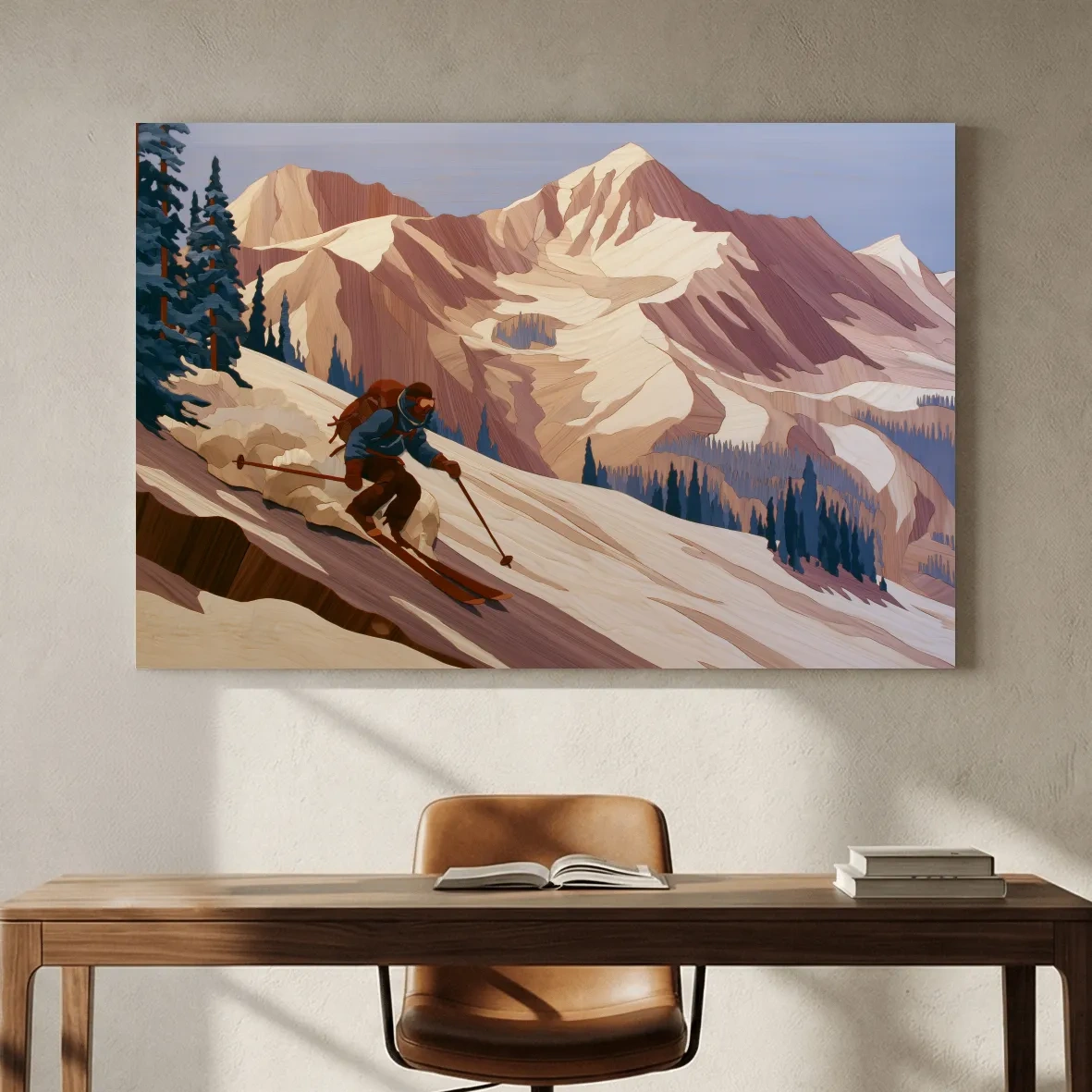 Backcountry Skier Descending Snowy Alpine Peaks - Modern Outdoor Adventure Wall Art