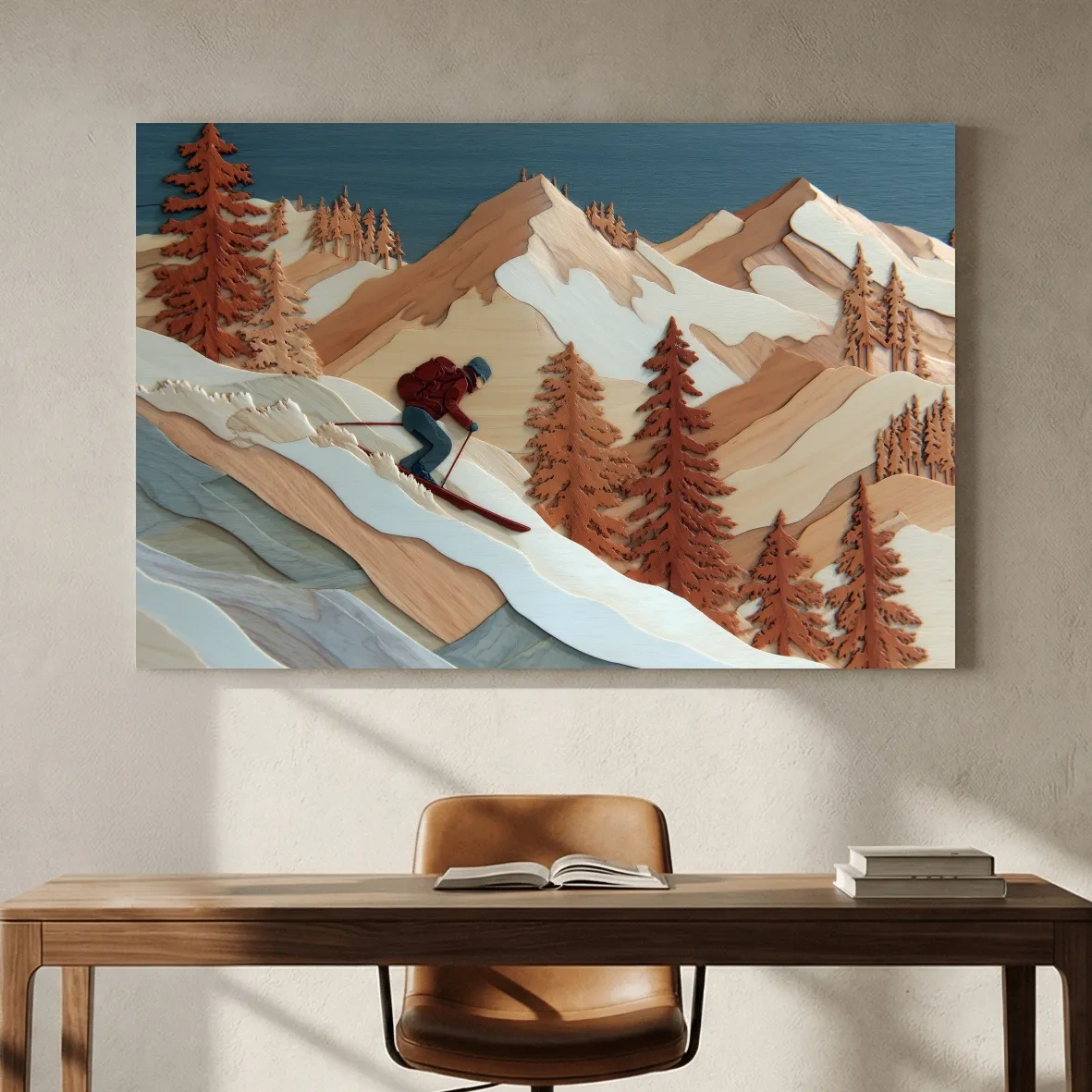 Wood Intarsia Style Skier Mountain Scene - Winter Alpine Wall Art