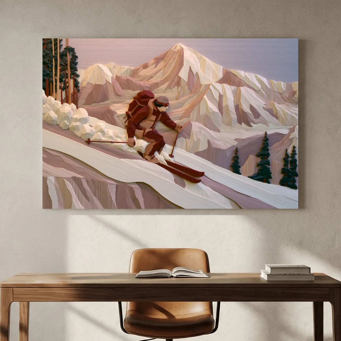 Geometric Backcountry Skier In Alpine Peaks - Winter Mountain Adventure Wall Art