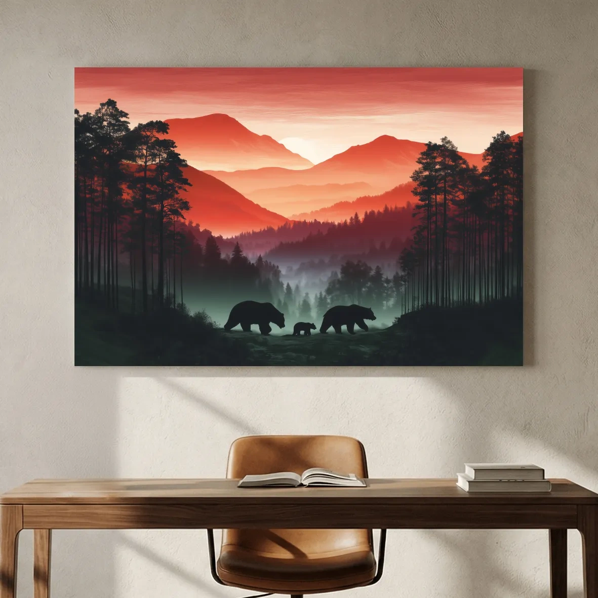 Moody Sunset Mountain Bear Family Silhouettes - Misty Forest Wildlife Wall Art