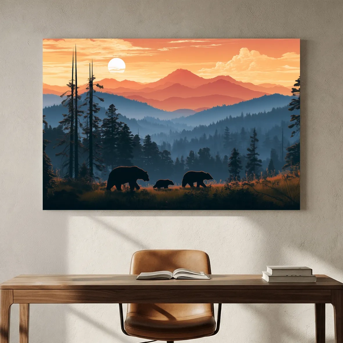 Bear Family Silhouettes - Mountain Sunset Wildlife Wall Art