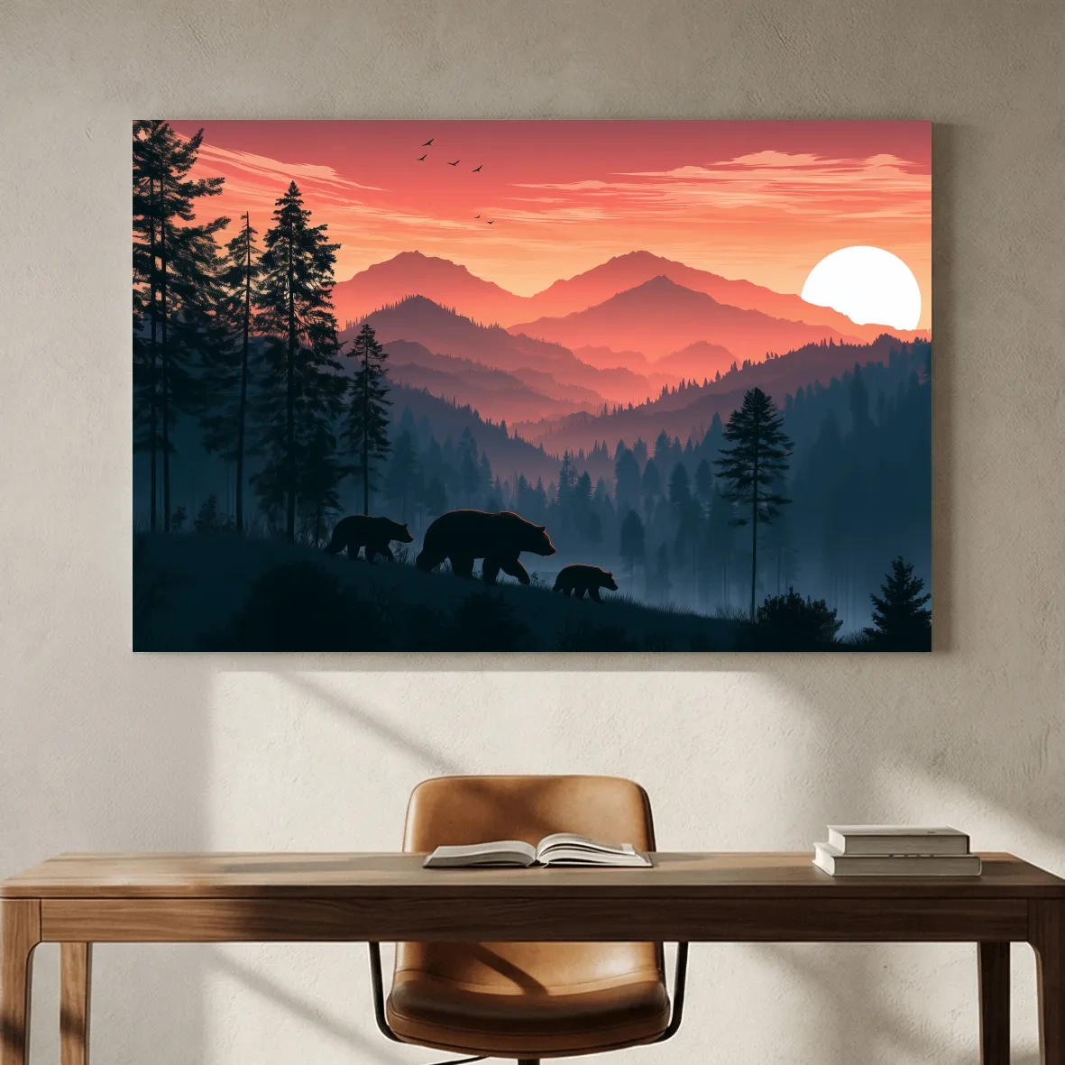 Bear Family Silhouette Mountain Sunset - Wildlife Landscape Wall Art