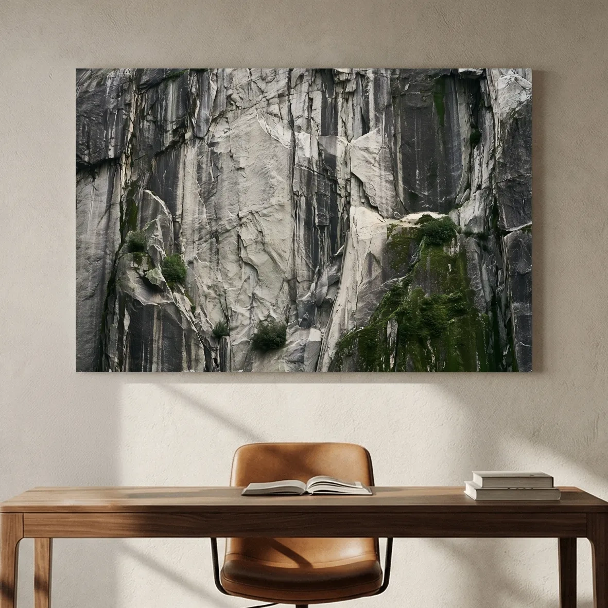 Textured Granite Cliff Face Photography - Moody Monochrome Rock Wall Art