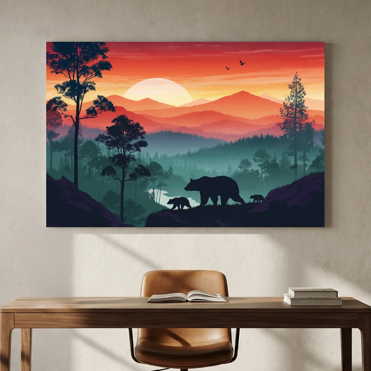 Sunset Mama Bear & Cubs Silhouette - Misty Forest Landscape Artwork