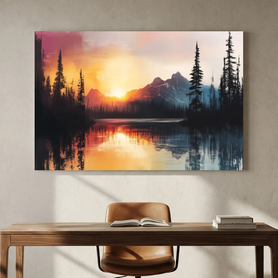 Sunset Mountain Lake Reflection Painting - Dramatic Pine Forest Landscape Wall Art