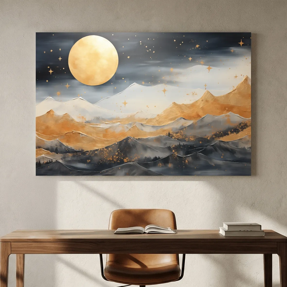 Golden Moonlit Abstract Mountain Landscape - Modern Watercolor Wall Art