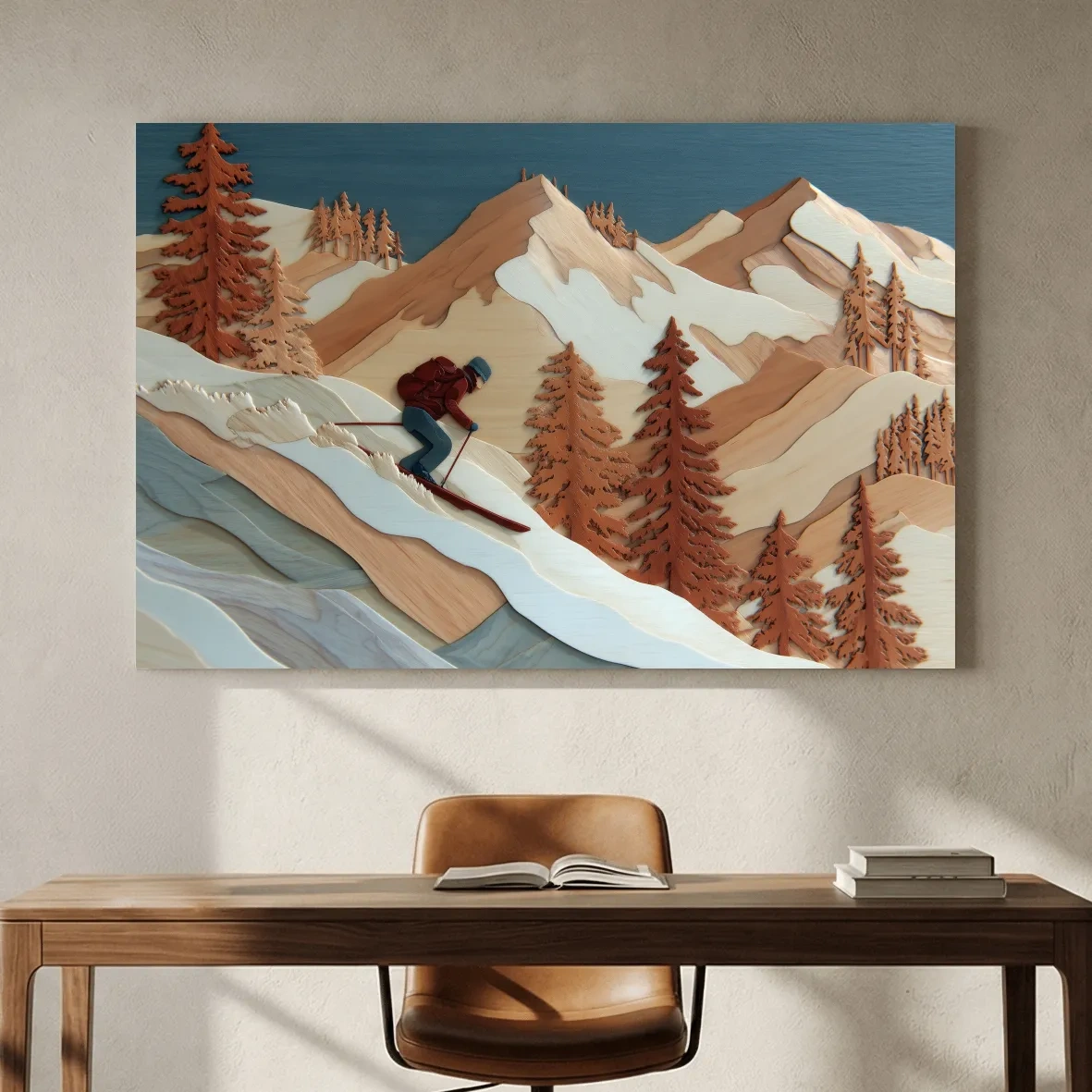Wood Intarsia Style Skier Mountain Scene - Winter Alpine Wall Art