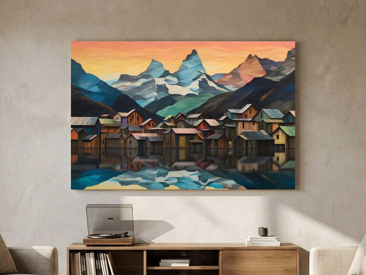 Alpine Mountain Village Reflections - Colorful Paper Cut Style Wall Art