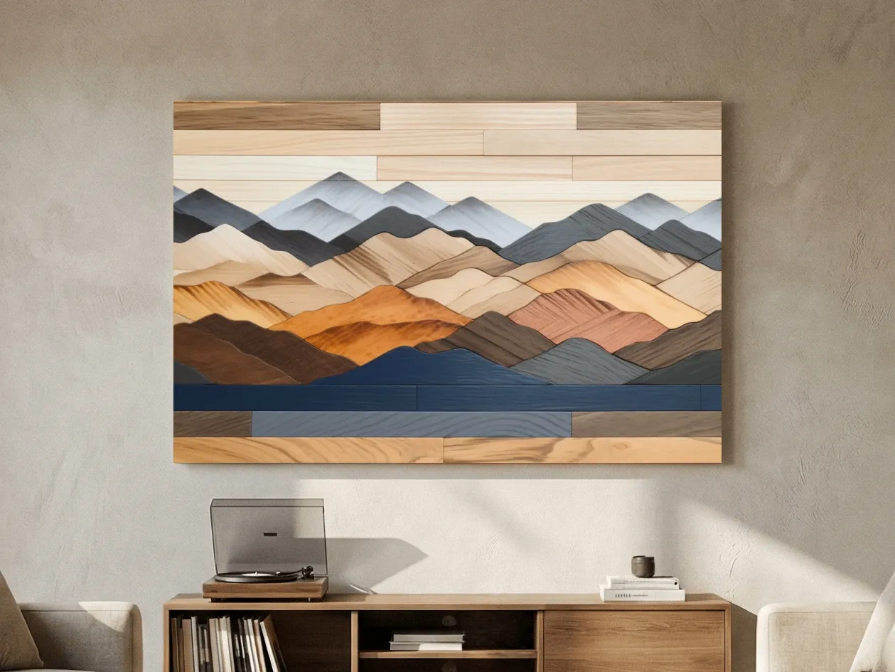 Rustic Layered Wooden Mountain Range Panorama - Modern Geometric Wall Art