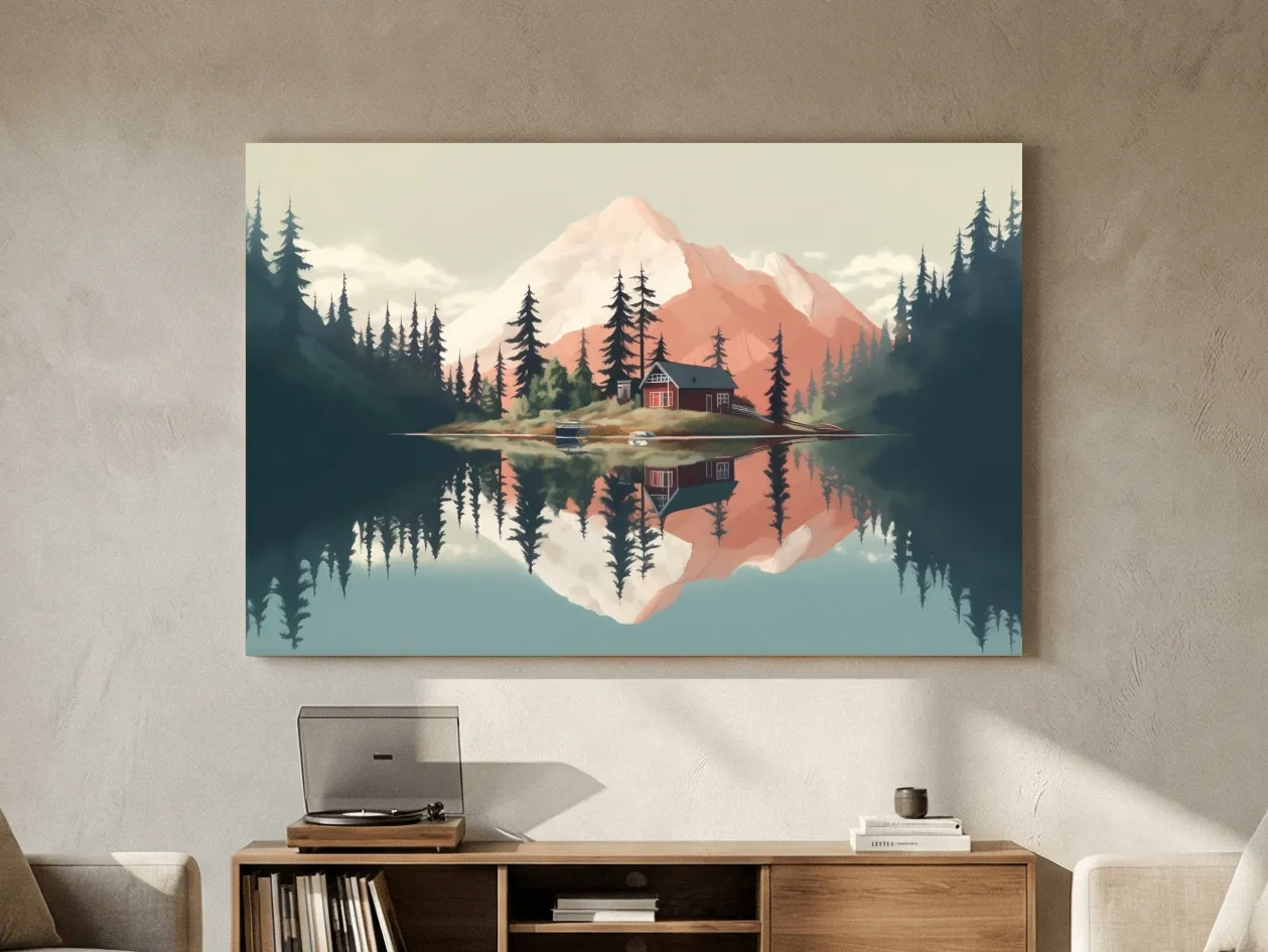 Serene Alpine Lake Cabin Artwork - Minimalist Mountain Landscape Wall Art