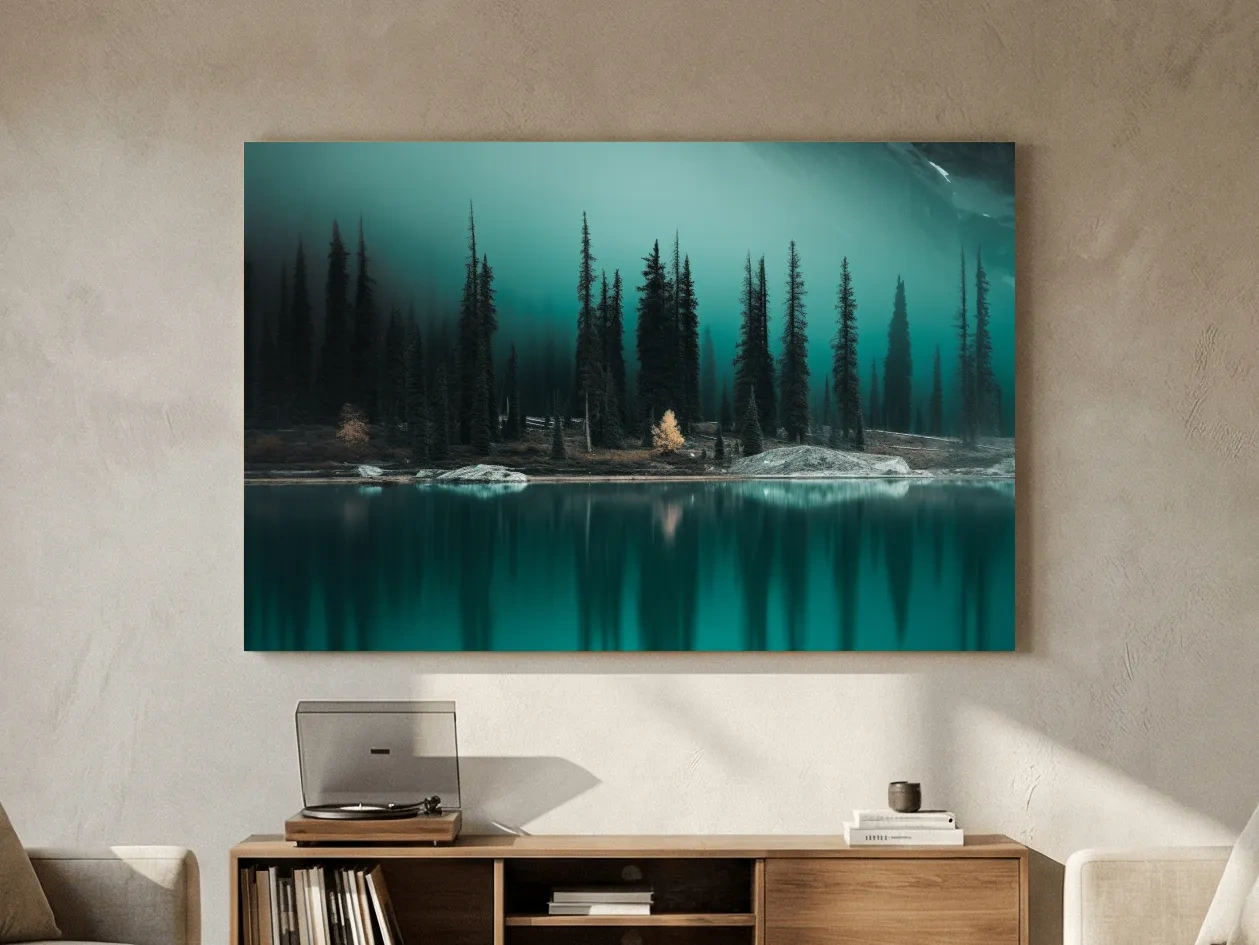 Misty Pine Forest Turquoise Alpine Lake - Serene Mountain Landscape Wall Art