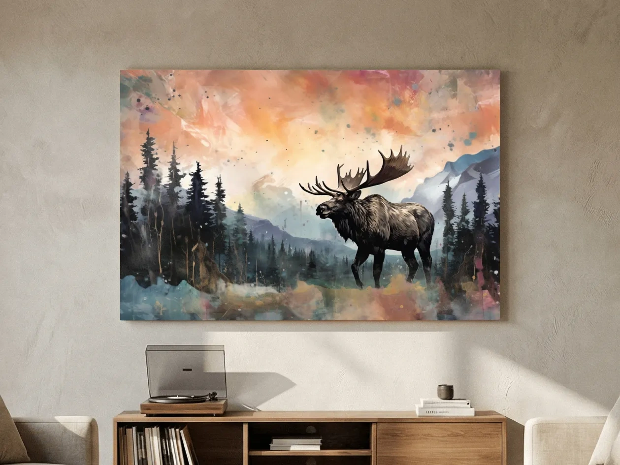 Watercolor Moose In Misty Mountain Forest - Rustic Wildlife Wall Art