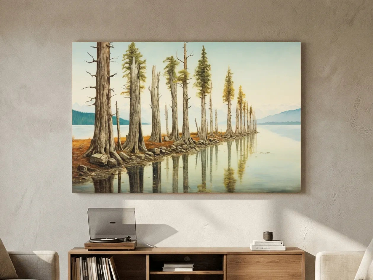 Serene Lakeside Pine Forest Reflections - Watercolor Landscape Wall Art