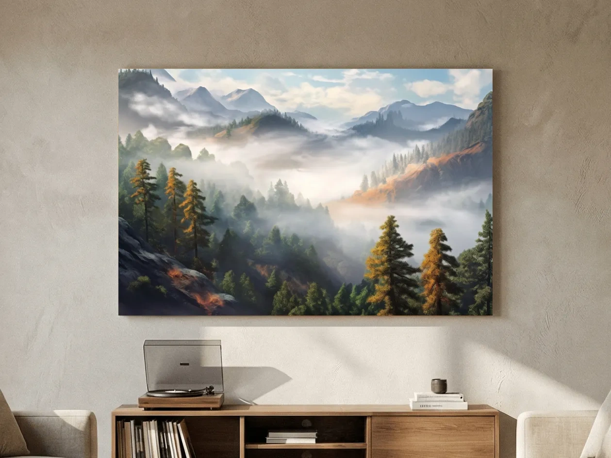 Misty Mountain Valley Forest Landscape - Serene Foggy Nature Painting Wall Art