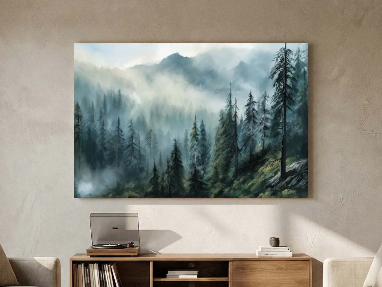 Misty Evergreen Forest Mountain Landscape - Moody Watercolor Nature Wall Art