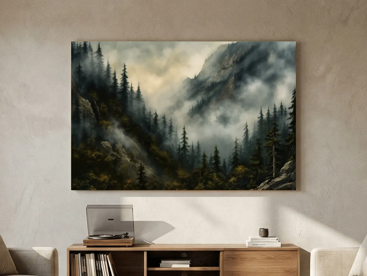 Moody Misty Mountain Pine Forest - Foggy Alpine Landscape Wall Art