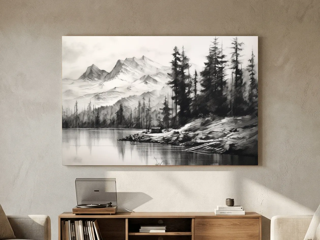 Monochrome Mountain Lake Charcoal Sketch - Pine Forest Landscape Wall Art