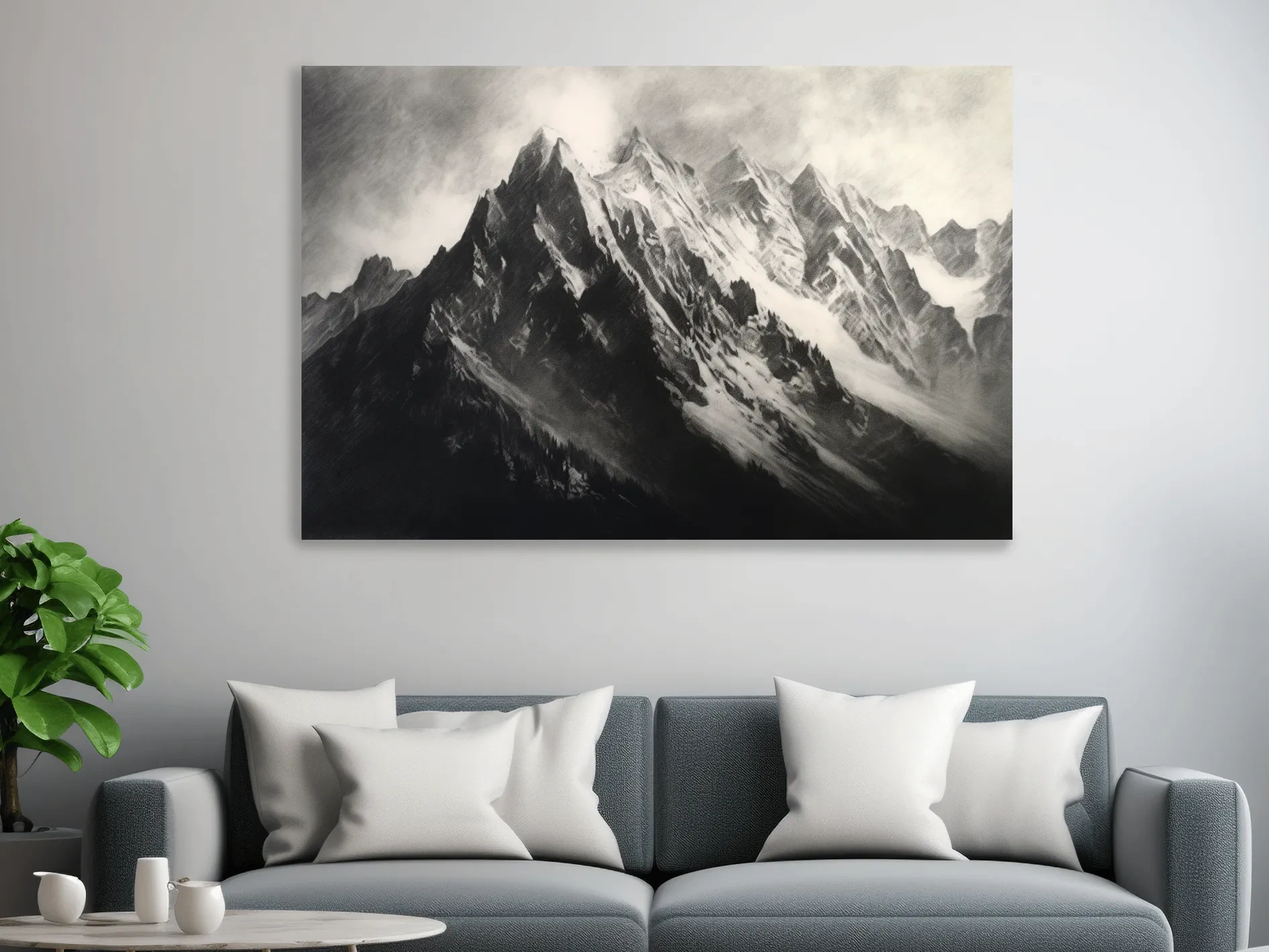 Moody Monochrome Snowy Mountain Peaks - Dramatic Charcoal Landscape Artwork