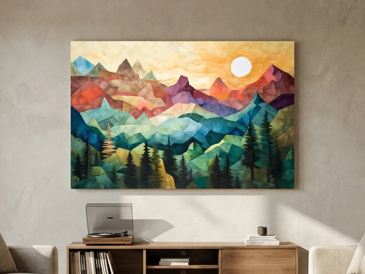 Abstract Sunset Mountain Canvas - Vibrant Patchwork Mosaic Art