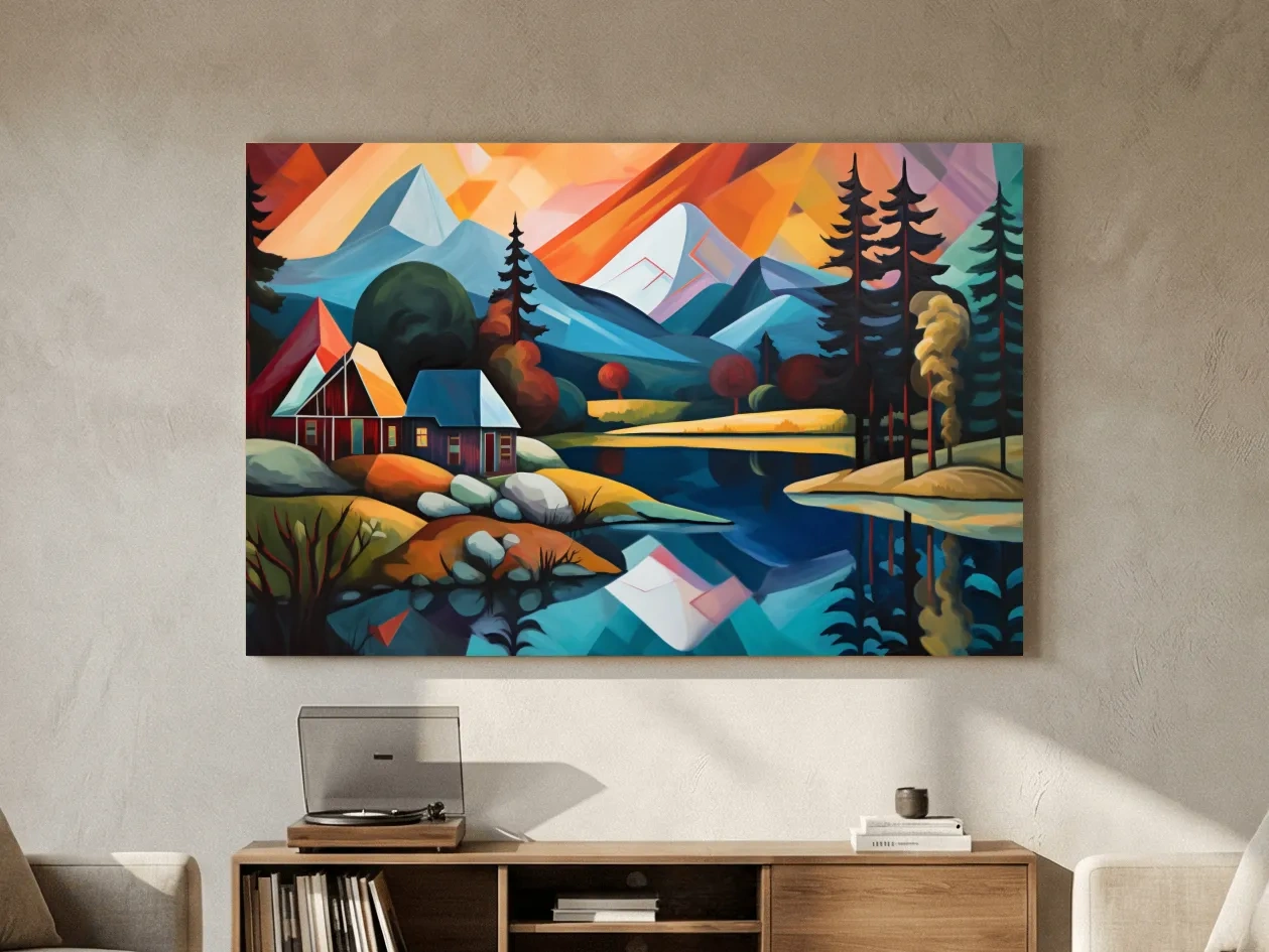 Vibrant Geometric Mountain Lake Cabin Oil Painting - Modern Abstract Wall Art