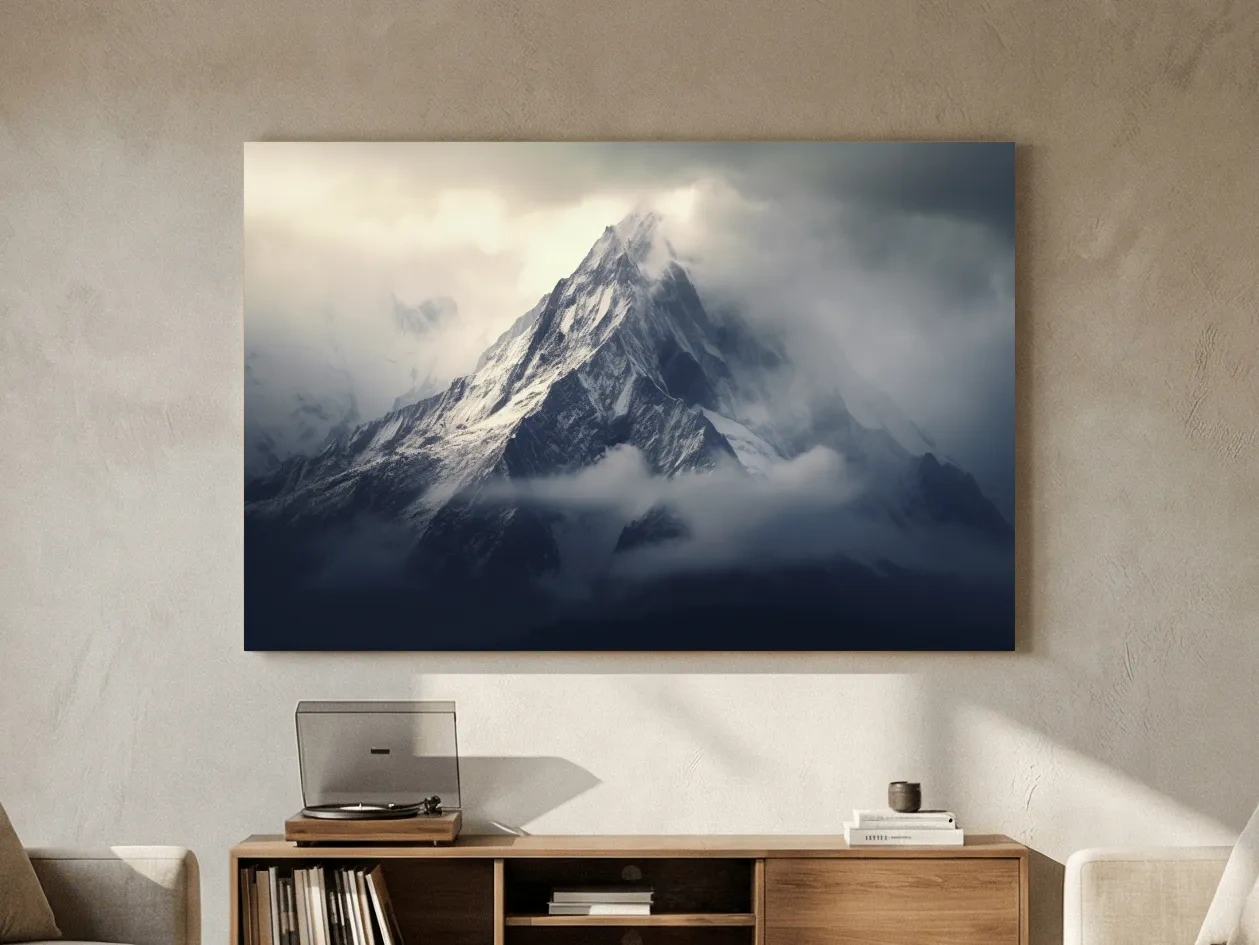 Cloudy Snowcapped Peak Landscape - Dramatic Mountain Photography Wall Art