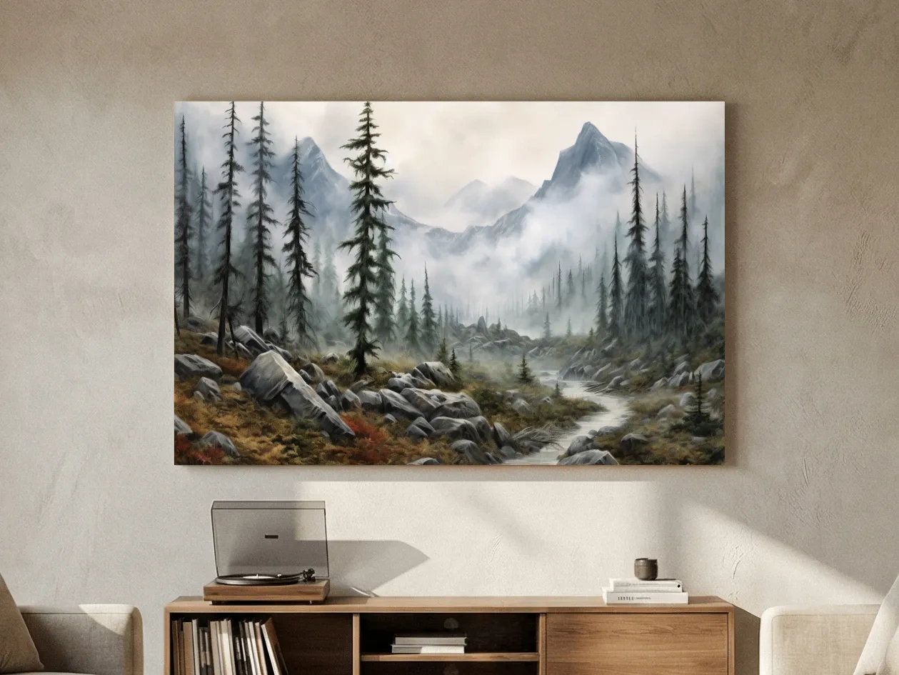 Foggy Alpine Mountain Forest Landscape - Moody Wall Art