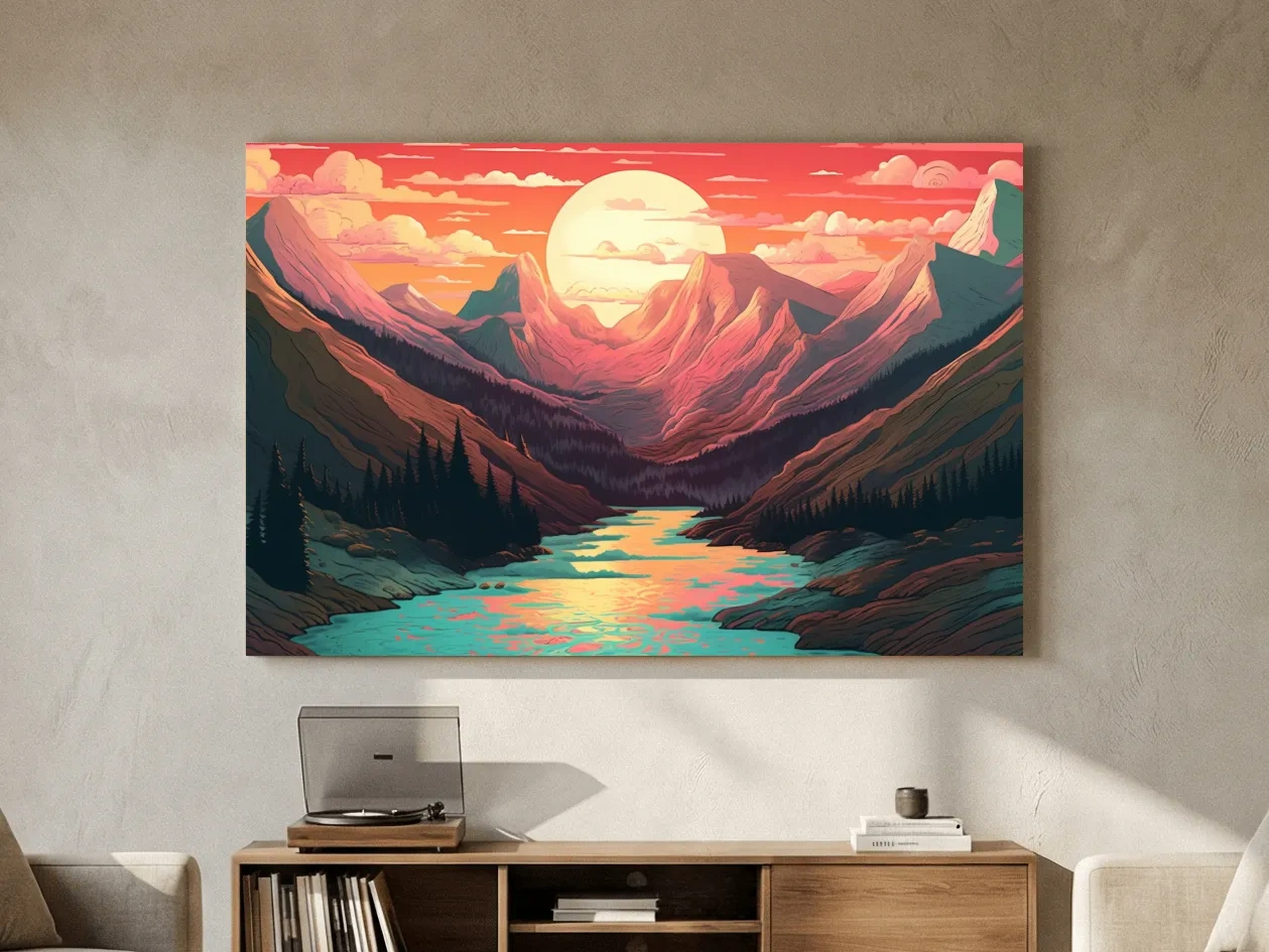 Vibrant Sunset Mountain Valley Illustration - Retro Landscape Wall Art