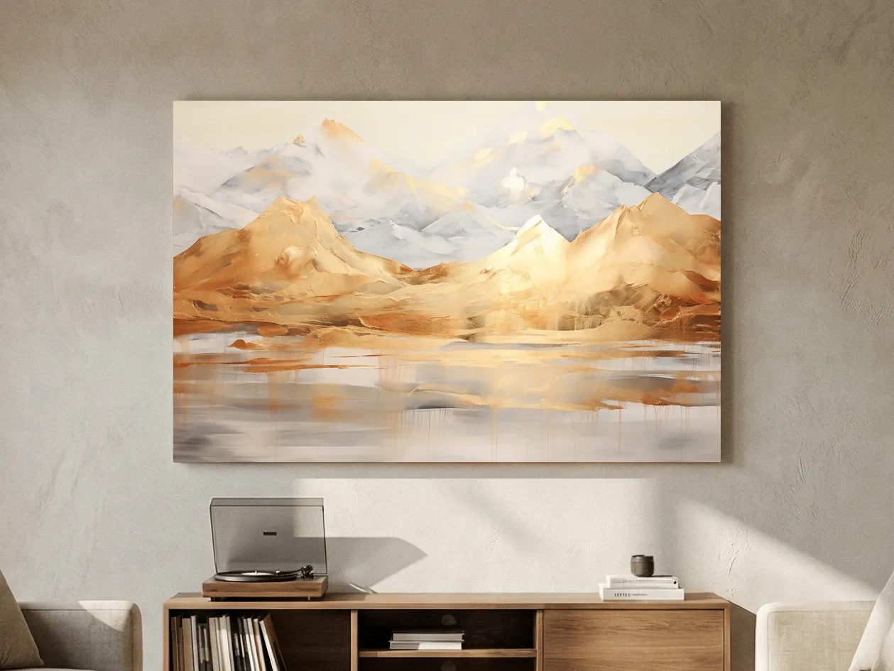 Luxe Golden Abstract Mountain Lake Painting - Elegant Landscape Wall Art