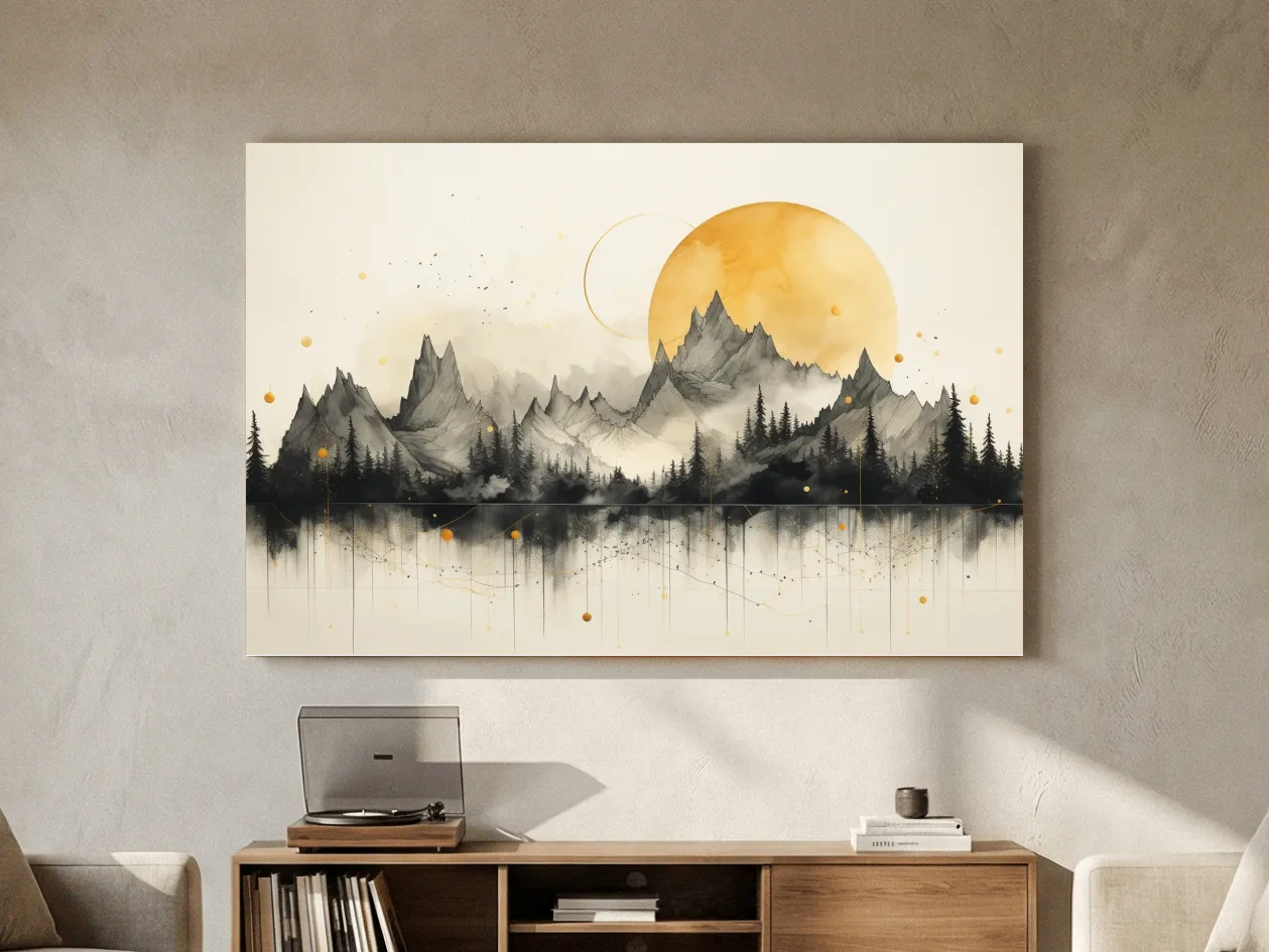 Golden Sun Abstract Mountain Range - Minimalist Watercolor Landscape Wall Art