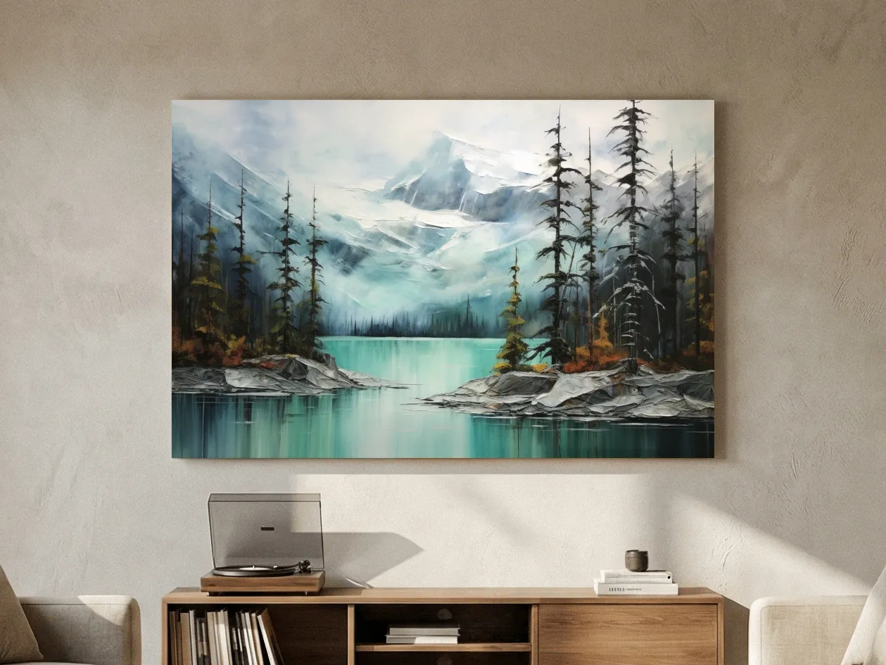 Misty Turquoise Mountain Lake Painting - Serene Alpine Forest Landscape Wall Art