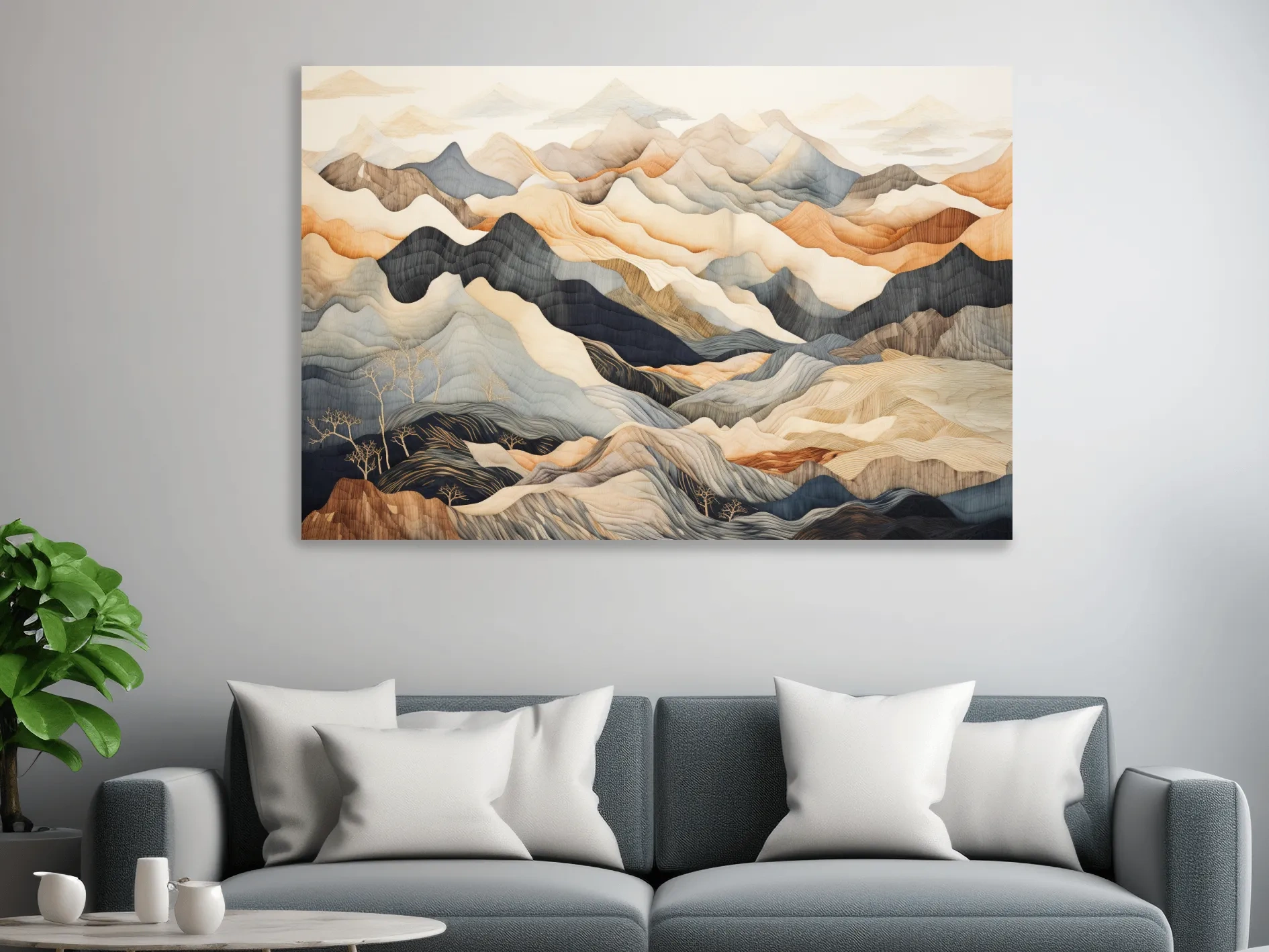 Tapestry style earthy coloured mountain artwork