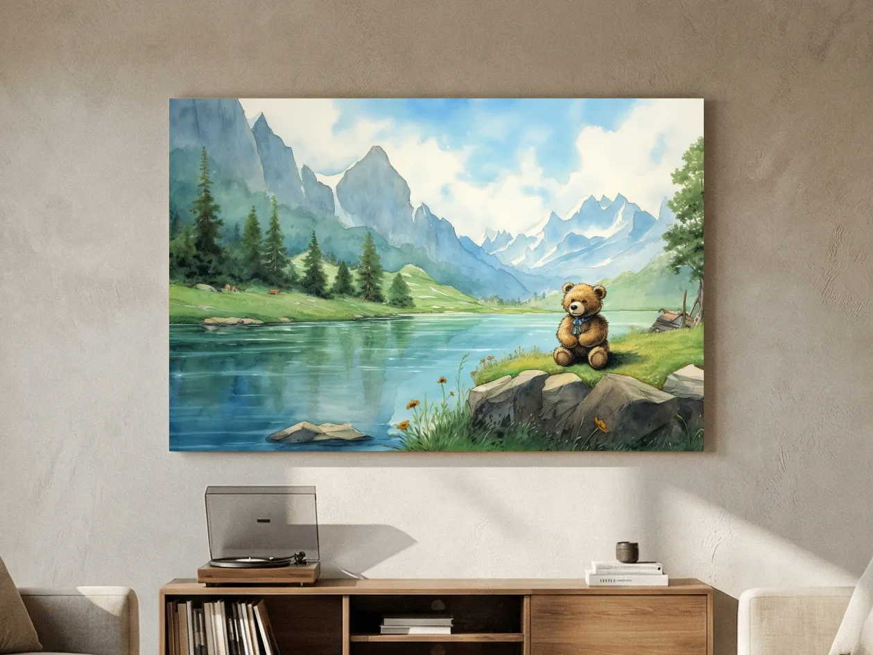 Whimsical Teddy Bear By Mountain Lake - Cute Watercolor Nursery Wall Art