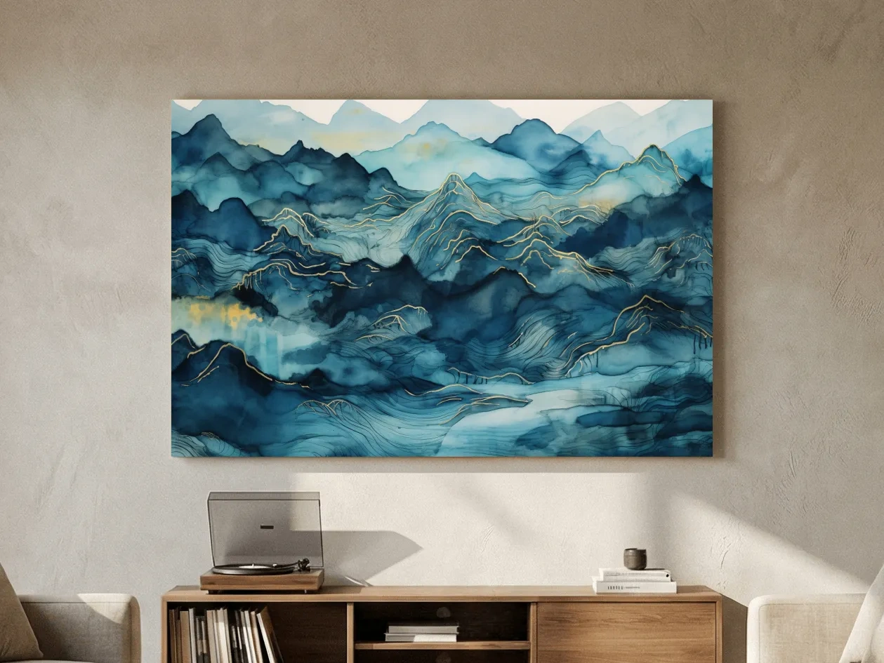 Watercolor Mountain Range With Gold Linework - Abstract Landscape Wall Art