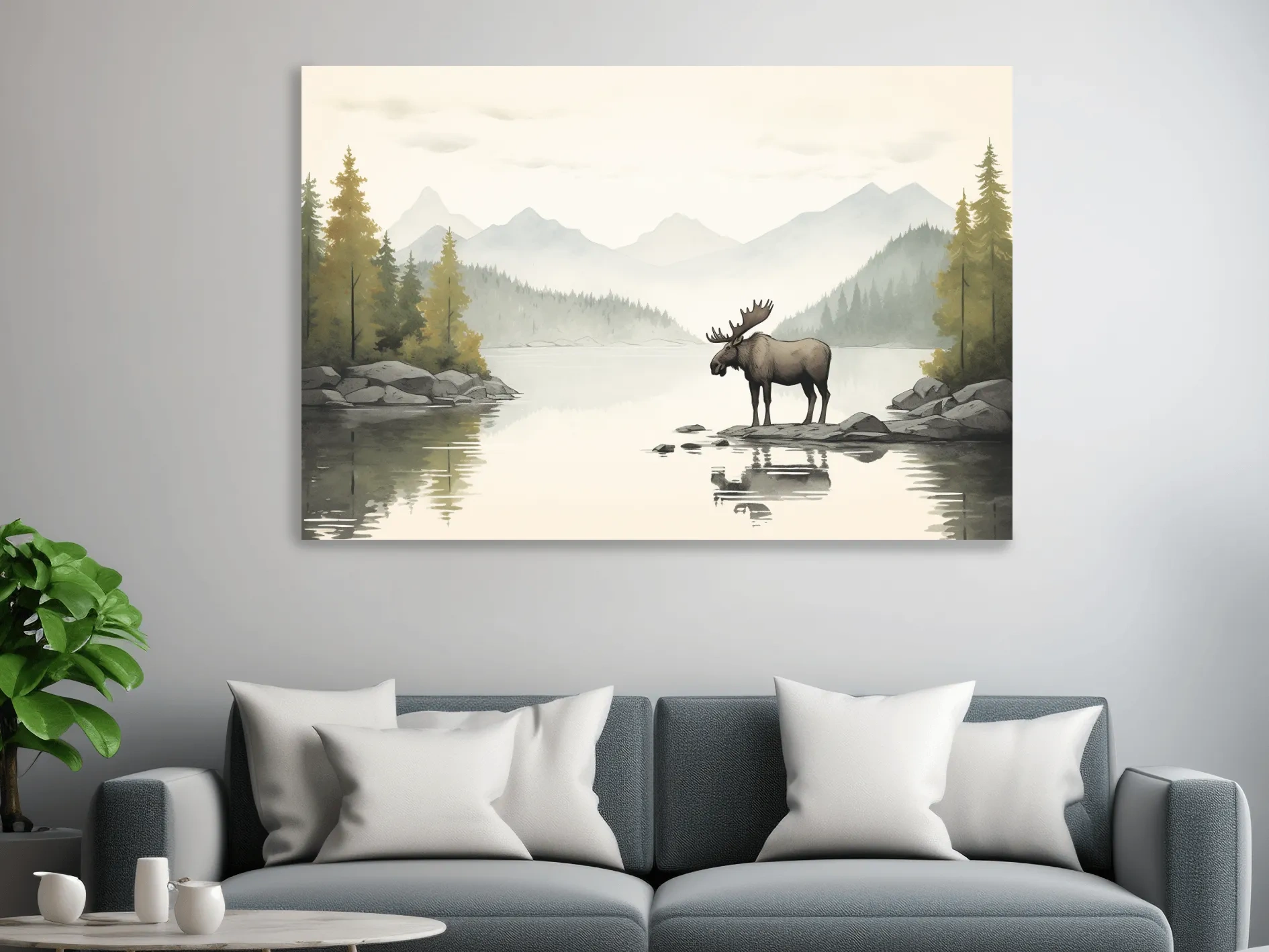 Childrens nursery illustration of a moose by a lake