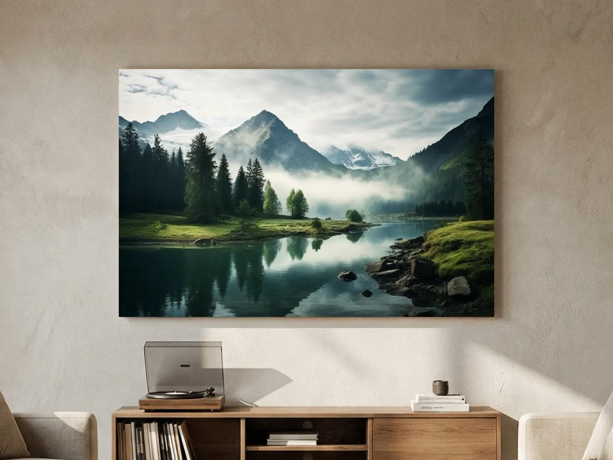Misty Alpine Lake Reflection Landscape - Mountain Forest Photographic Wall Art