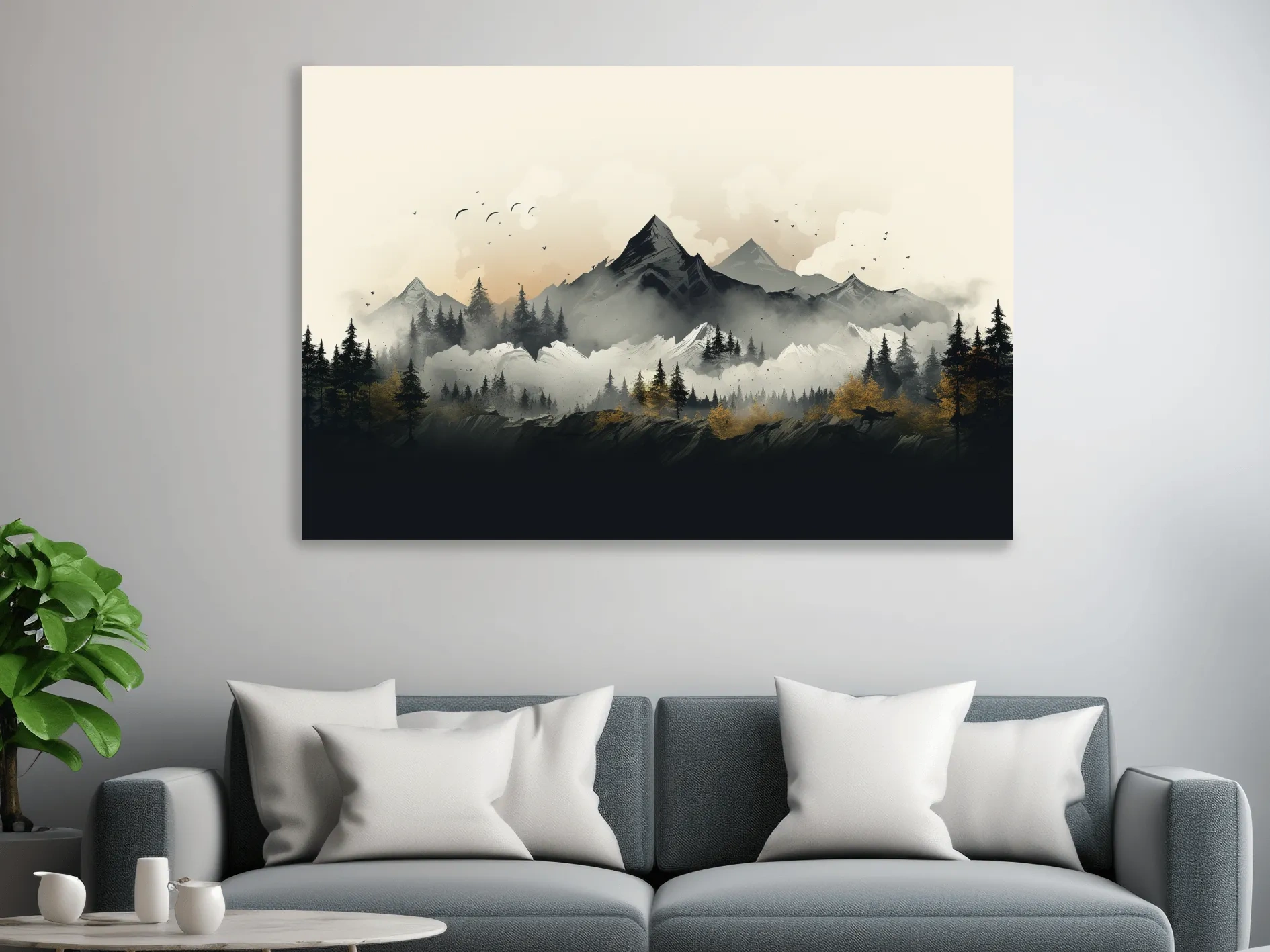 Illustration of treelined mountains