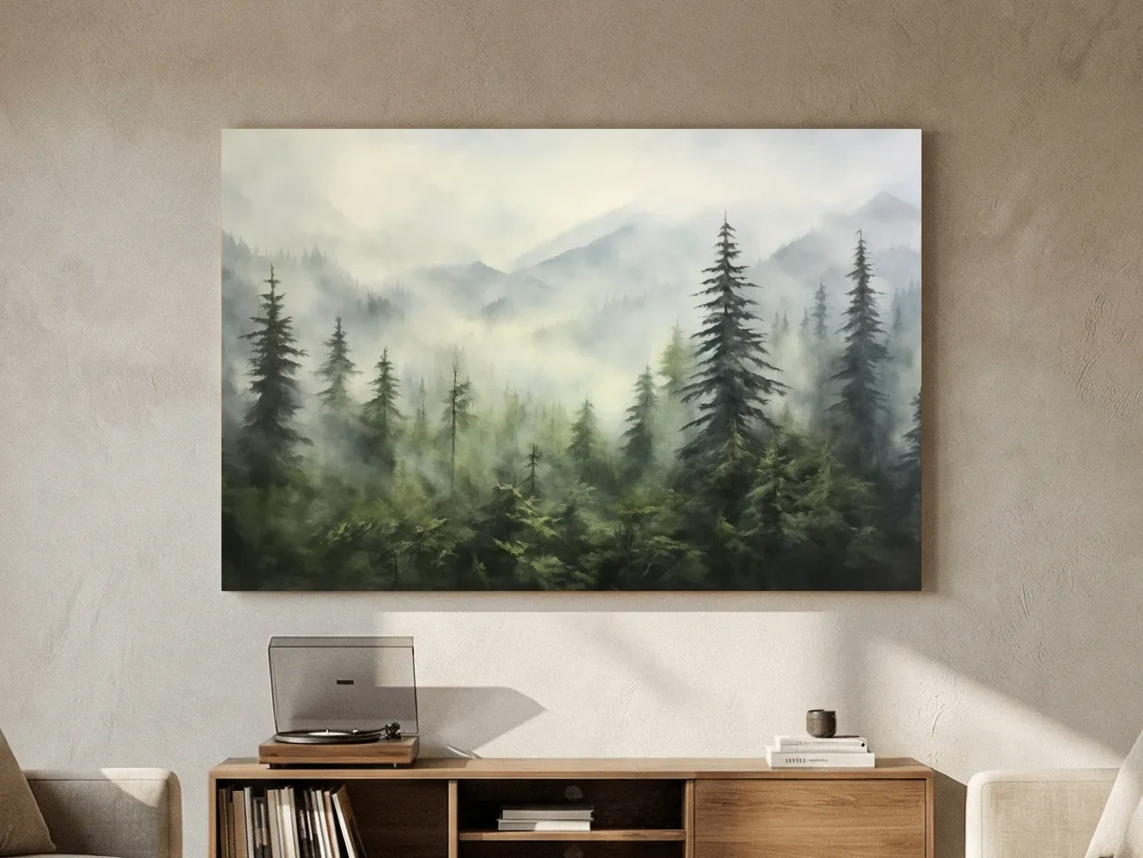 Misty Evergreen Forest Mountains Watercolor - Serene Foggy Landscape Artwork