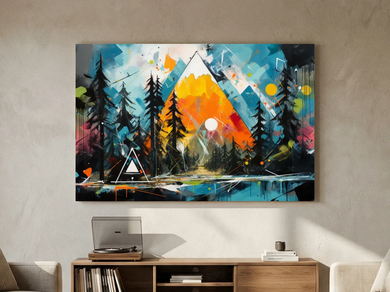 Vibrant Abstract Mountain Sunrise With Pine Forest - Energetic Landscape Wall Art
