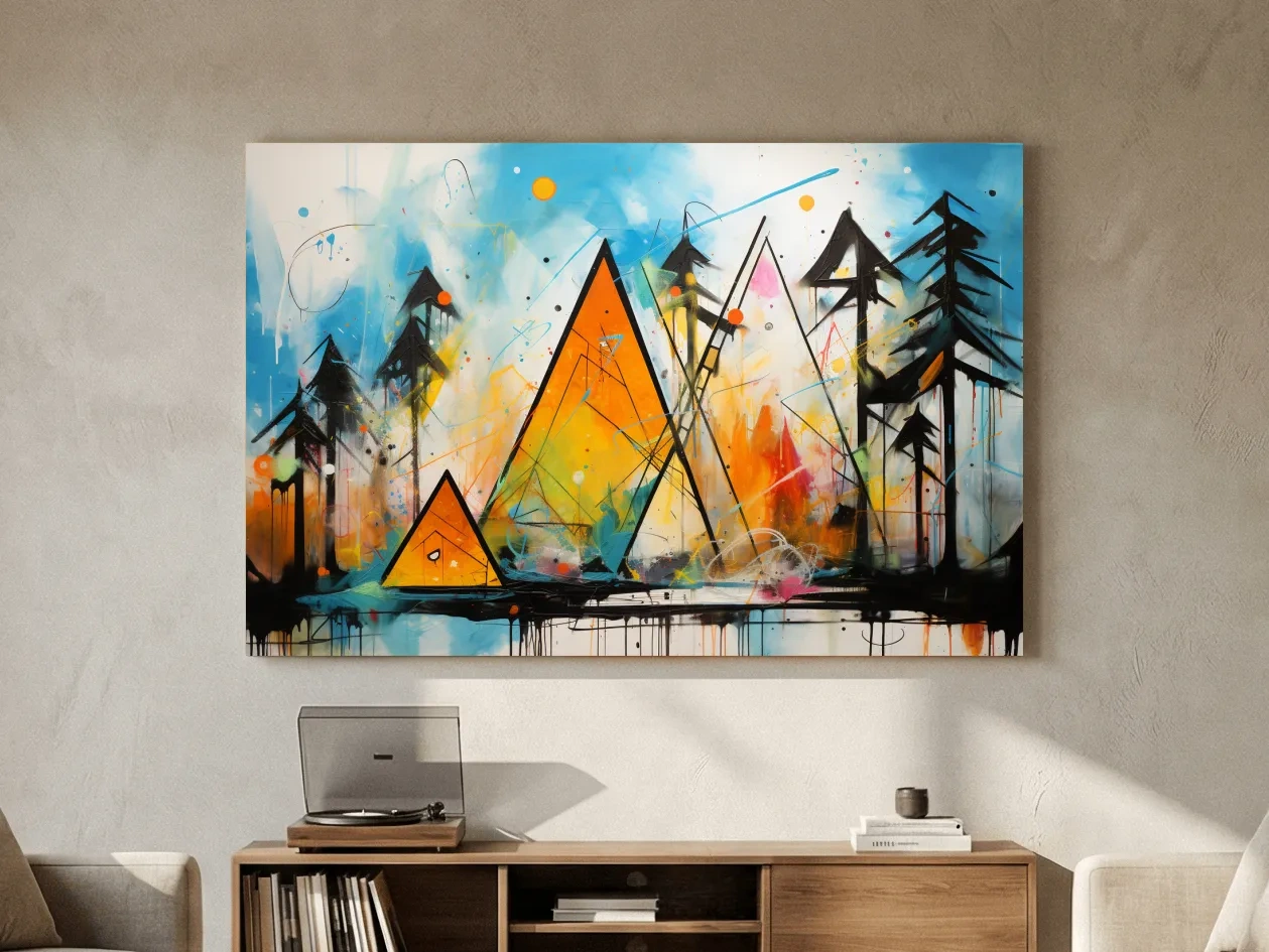Vibrant Abstract Mountain Peaks And Pines - Colorful Mixed Media Wall Art