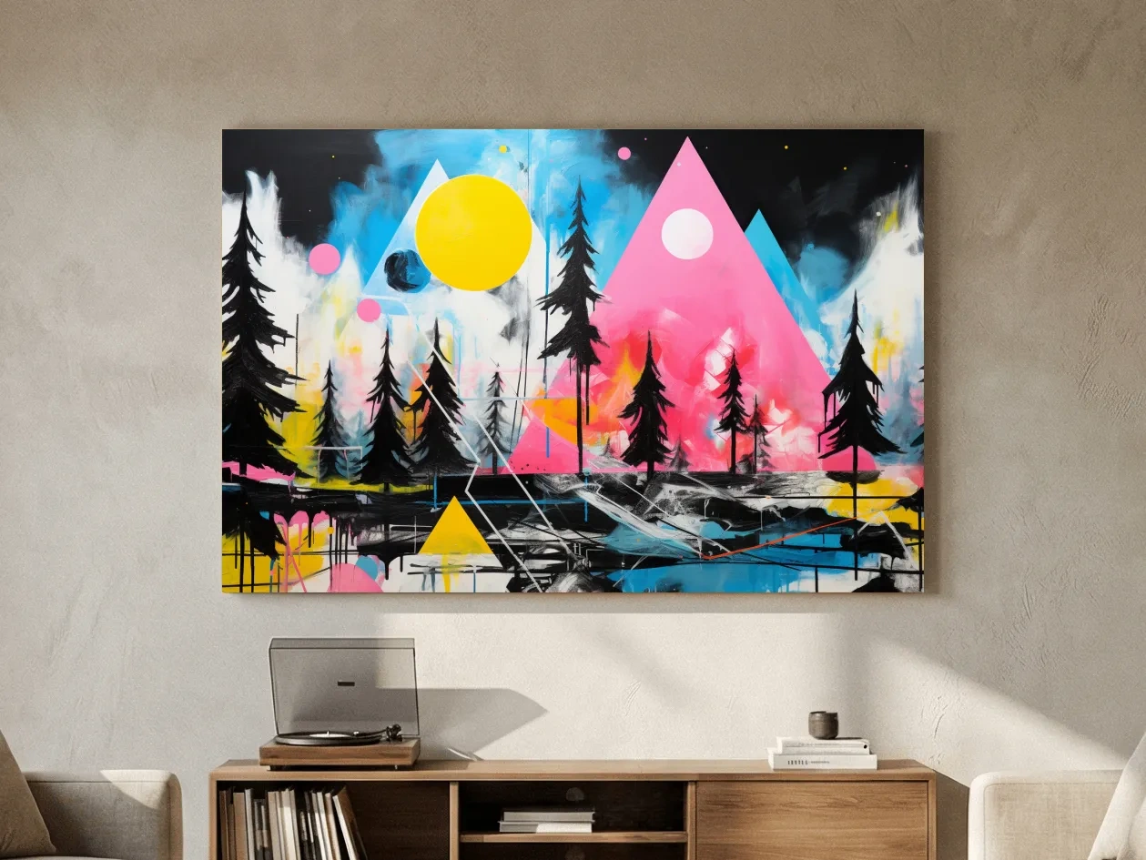 Neon Geometric Mountain Forest Painting - Vibrant Abstract Wall Art